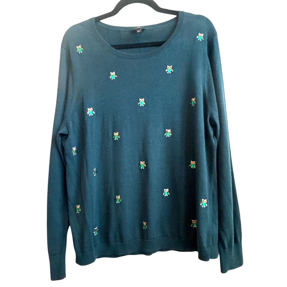 Talbots Dark Teal With Jeweled Gold and Green Owl Novelty Embellishment Top